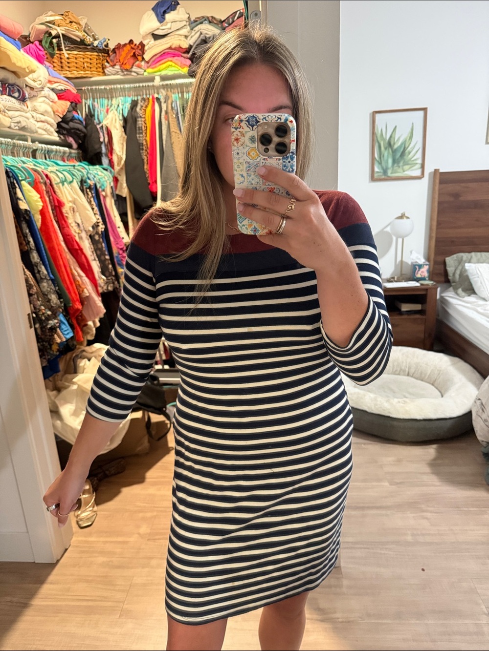 Design Lab Striped Navy and White Boatneck Dress with Burgundy “Suede”Trim